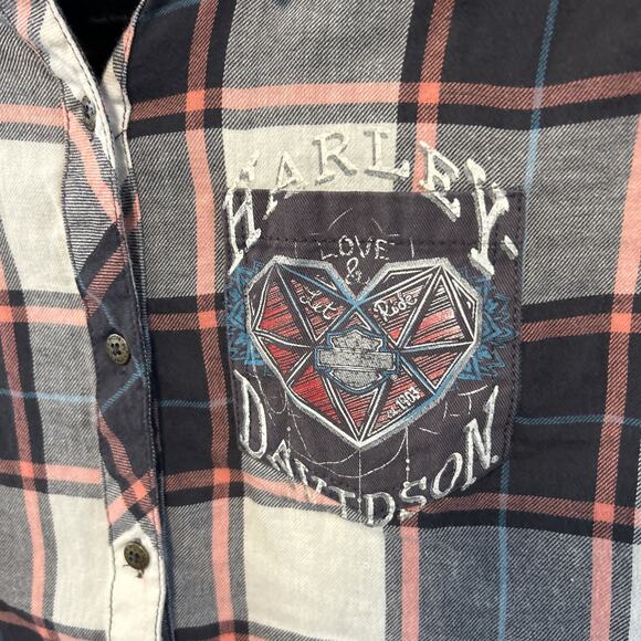 Harley Davidson Orange Black Plaid Shirt Sequins Small Women’s Top Button Up - Picture 2 of 6